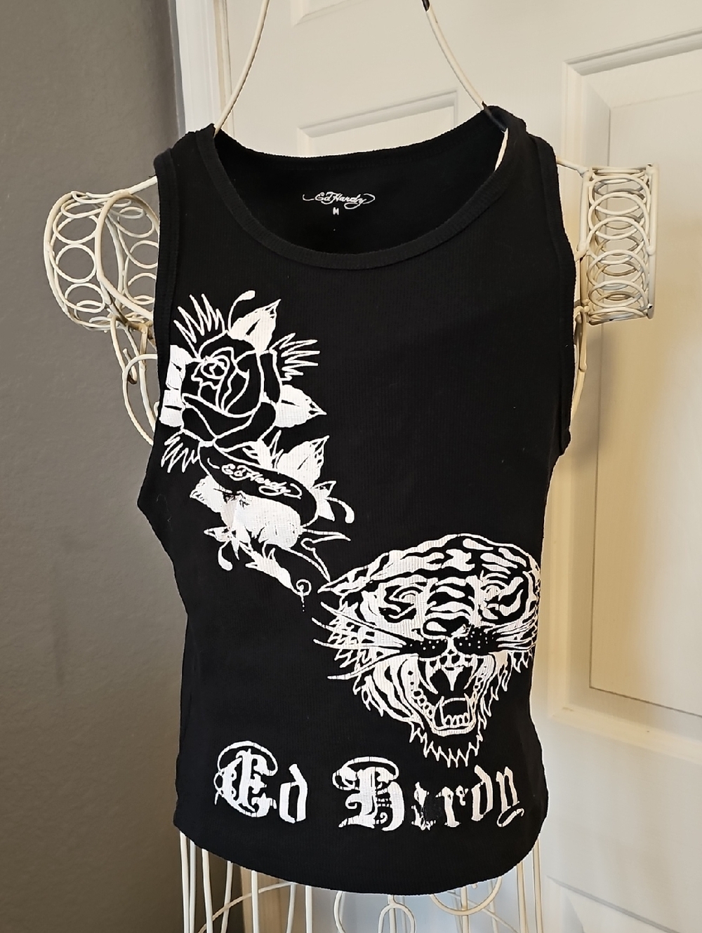 Ed Hardy Black Tank Top with White Rose & Tiger Graphics